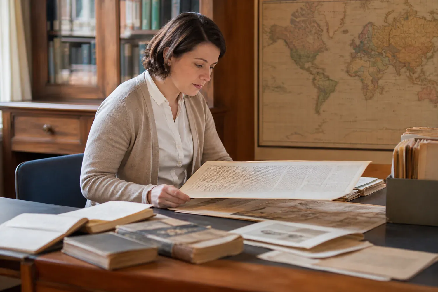 Archiviste consultant des documents historiques et une carte du monde dans une bibliothèque