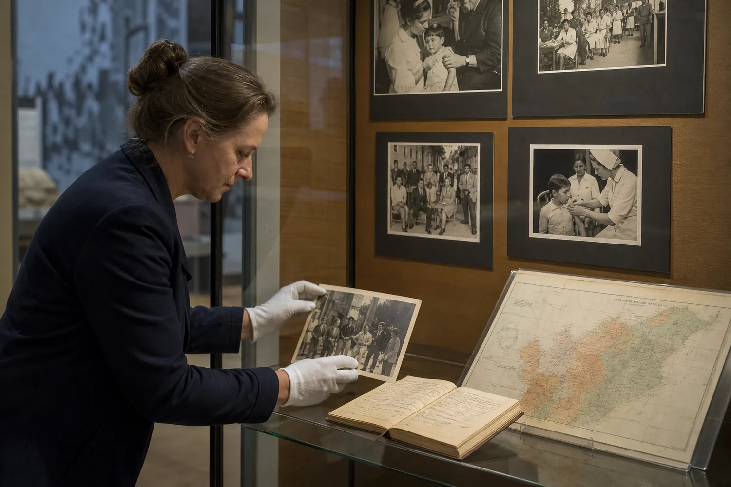 Conservatrice pr&eacute;parant une exposition sur l&rsquo;histoire de la sant&eacute; publique