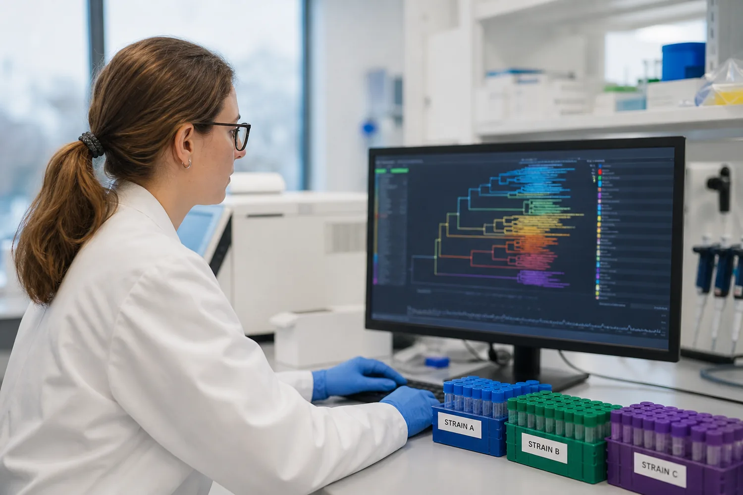 &Eacute;pid&eacute;miologiste mol&eacute;culaire comparant des donn&eacute;es g&eacute;nomiques en laboratoire