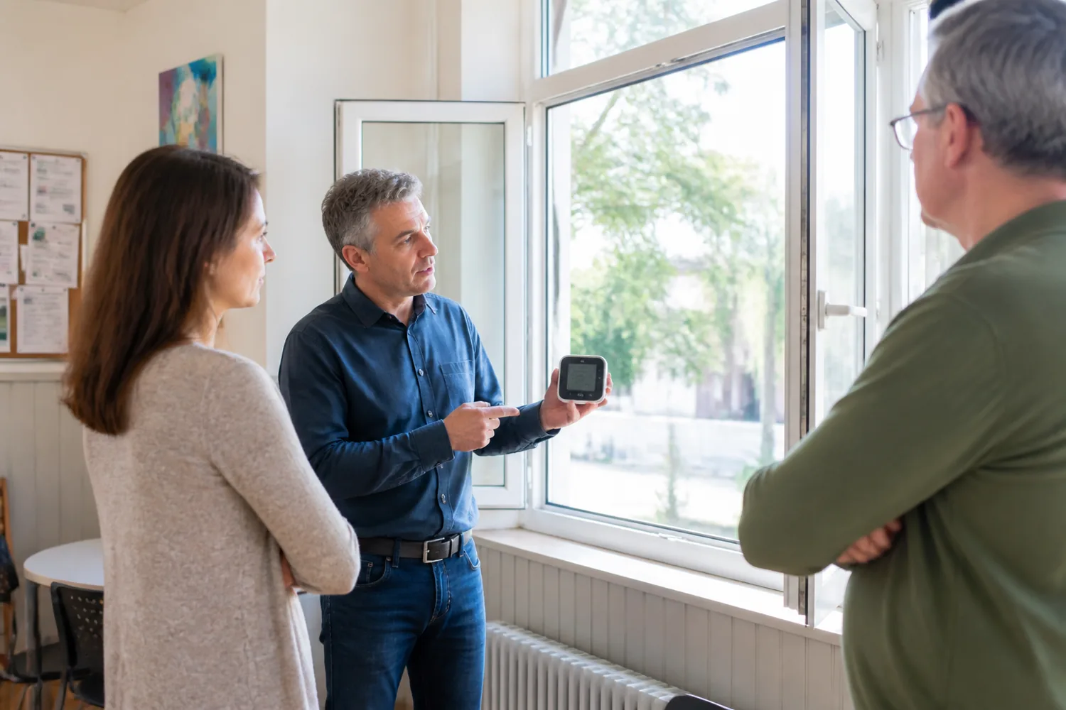 Sp&eacute;cialiste pr&eacute;sentant la mesure du dioxyde de carbone et l&rsquo;a&eacute;ration d&rsquo;une salle