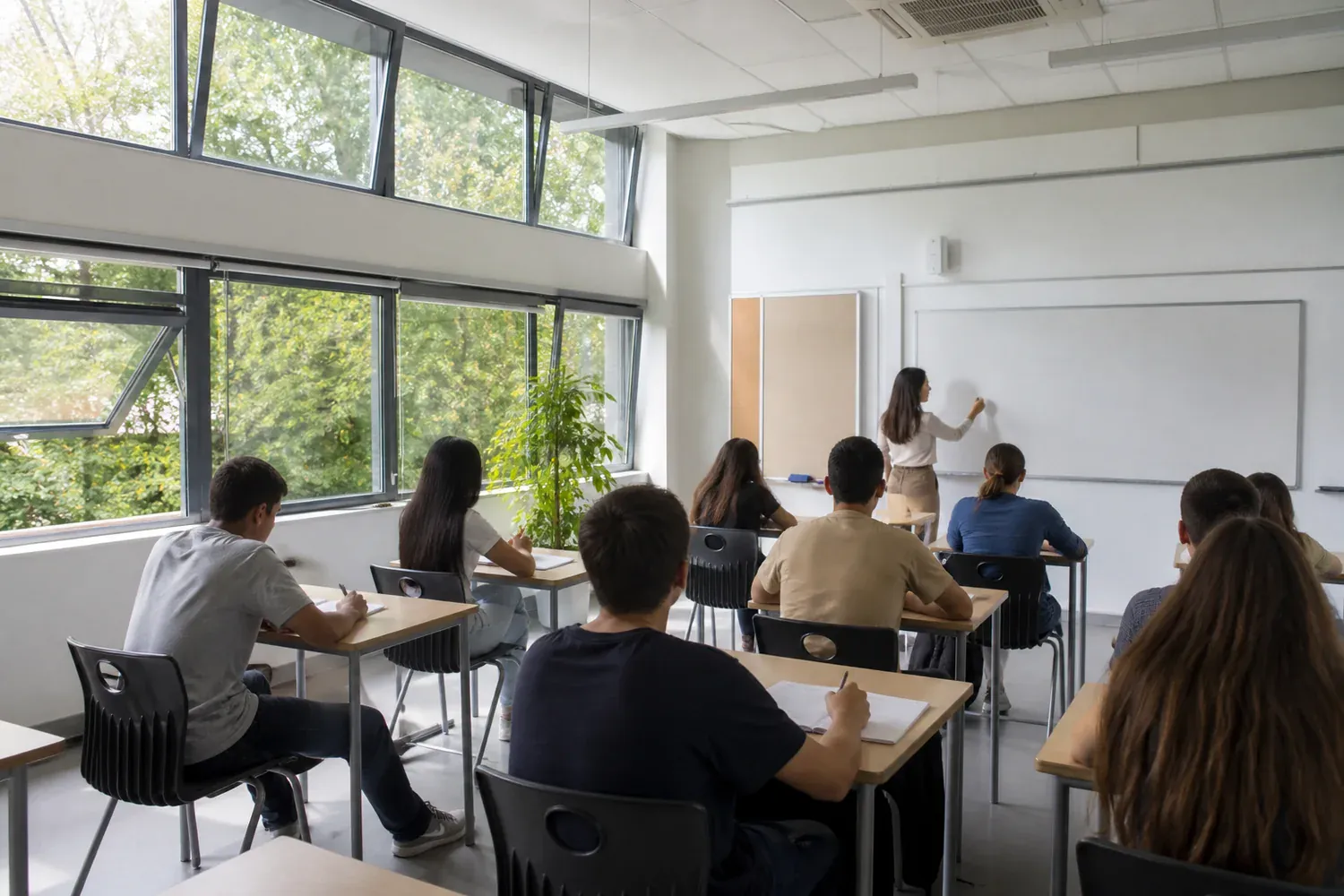 Cours dans une salle de classe aérée par des fenêtres ouvertes