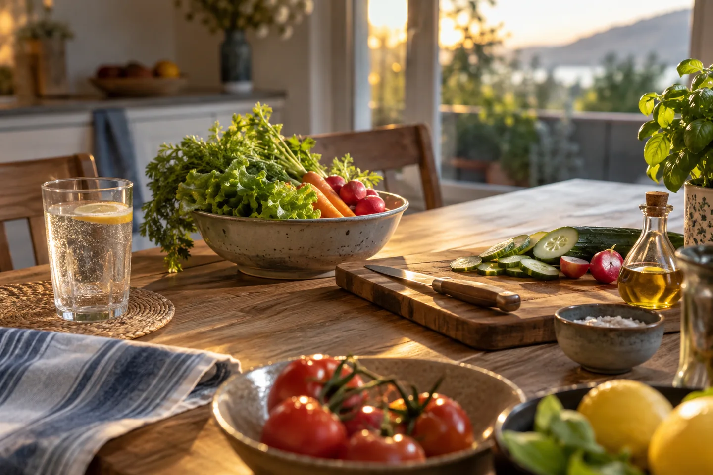 Une table de cuisine propre avec eau potable, aliments lav&eacute;s et planche propre. Illustration g&eacute;n&eacute;r&eacute;e par IA.