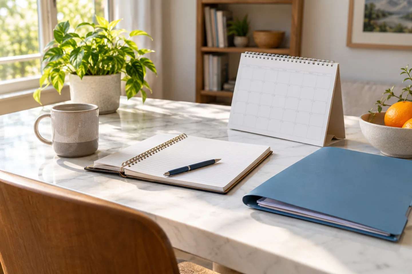 Un carnet de pr&eacute;paration de rendez-vous sur une table claire, calendrier sans texte et pochette de documents. Illustration g&eacute;n&eacute;r&eacute;e par IA.