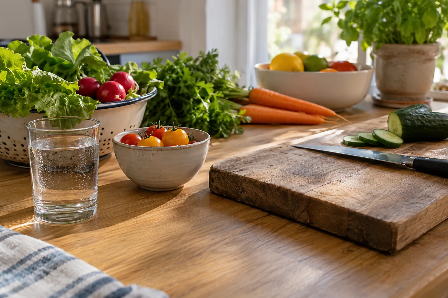 Une table de cuisine propre avec eau potable, aliments lav&eacute;s et planche propre. Illustration g&eacute;n&eacute;r&eacute;e par IA.