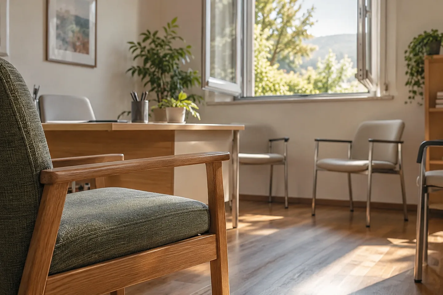 Une fen&ecirc;tre ouverte dans une salle de consultation vide, lumi&egrave;re naturelle et fauteuils espac&eacute;s. Illustration g&eacute;n&eacute;r&eacute;e par IA.