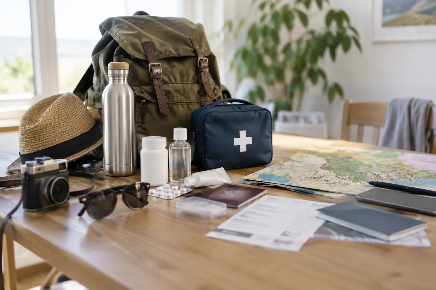 Une trousse de voyage et des documents m&eacute;dicaux non lisibles dans un espace lumineux. Illustration g&eacute;n&eacute;r&eacute;e par IA.