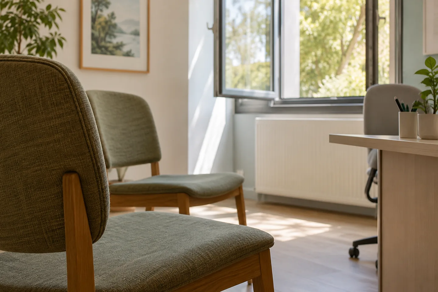 Une fen&ecirc;tre ouverte dans une salle de consultation vide, lumi&egrave;re naturelle et fauteuils espac&eacute;s. Illustration g&eacute;n&eacute;r&eacute;e par IA.