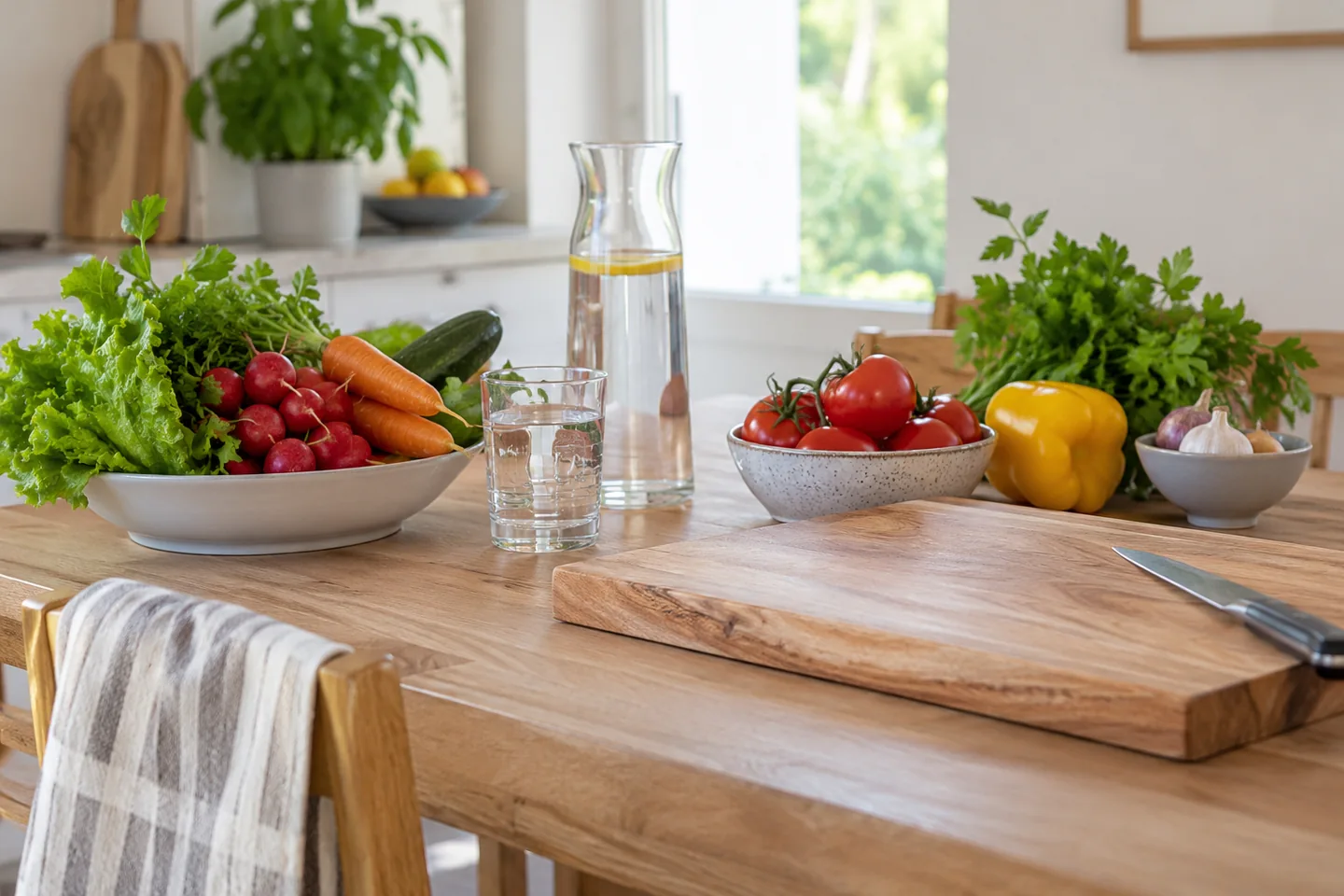 Une table de cuisine propre avec eau potable, aliments lav&eacute;s et planche propre. Illustration g&eacute;n&eacute;r&eacute;e par IA.