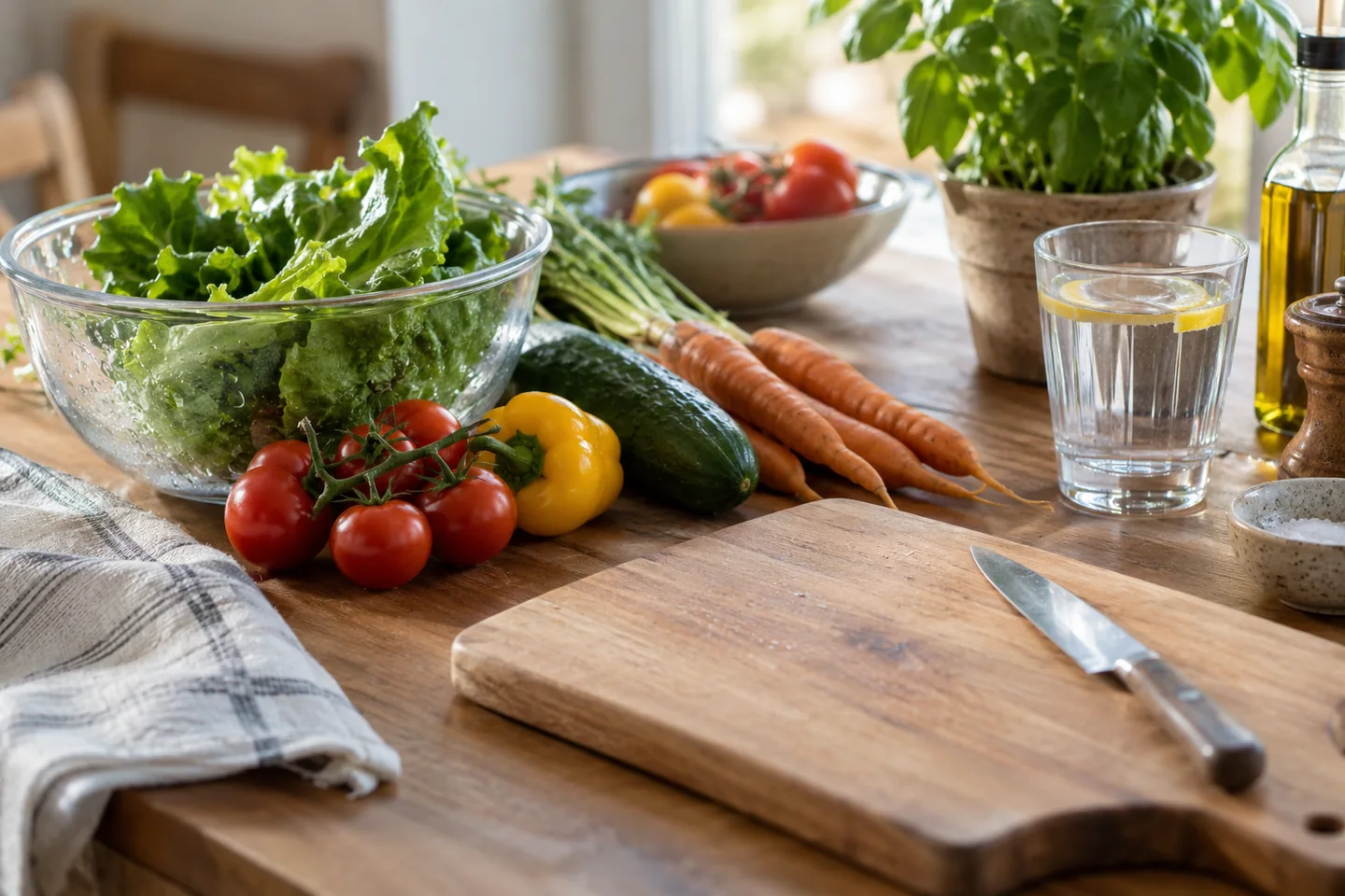 Une table de cuisine propre avec eau potable, aliments lav&eacute;s et planche propre. Illustration g&eacute;n&eacute;r&eacute;e par IA.
