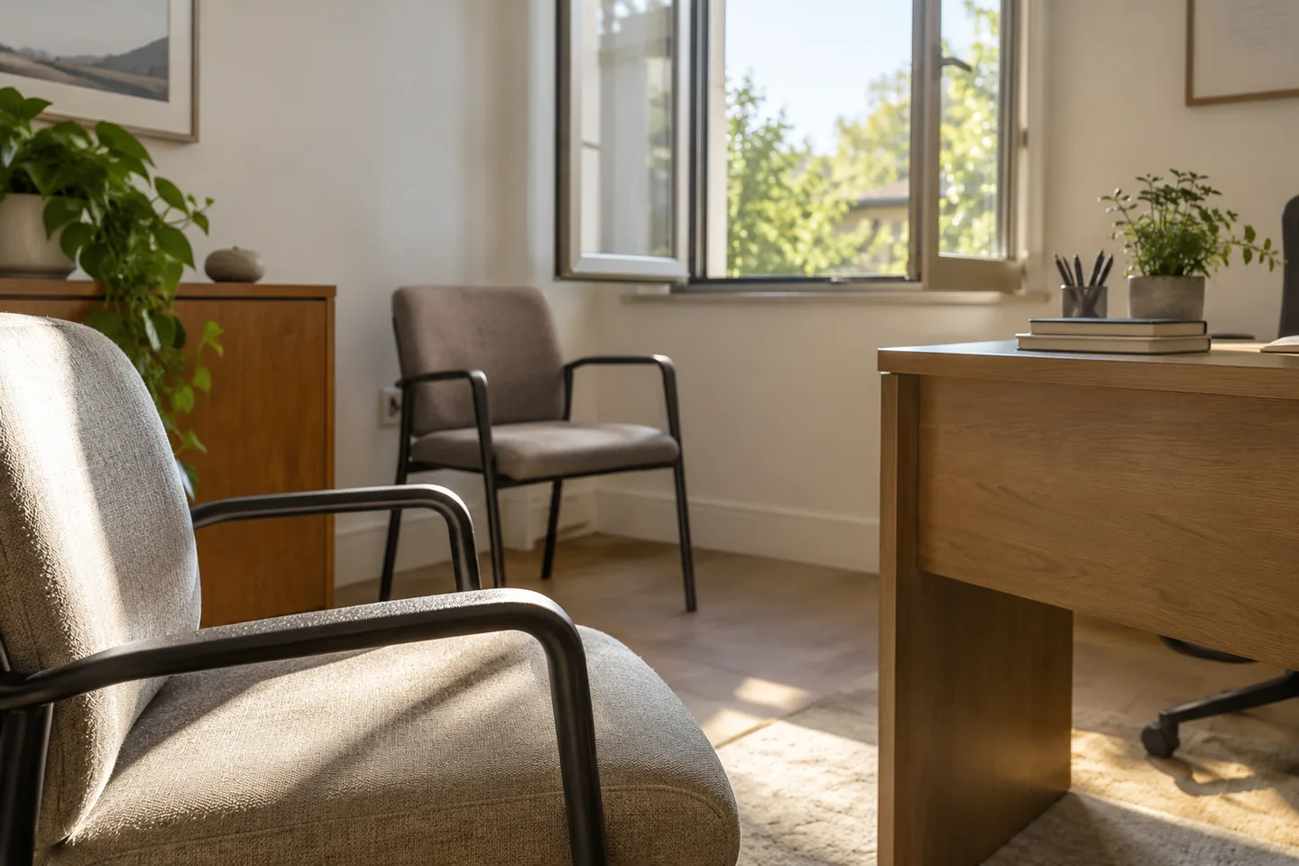 Une fen&ecirc;tre ouverte dans une salle de consultation vide, lumi&egrave;re naturelle et fauteuils espac&eacute;s. Illustration g&eacute;n&eacute;r&eacute;e par IA.