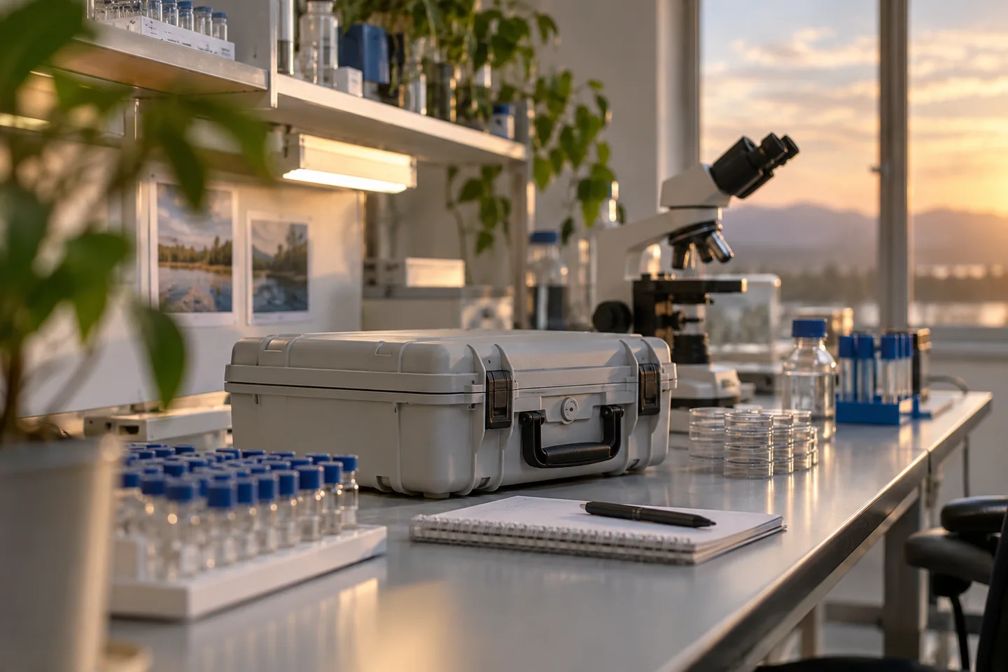 Du mat&eacute;riel ferm&eacute; de pr&eacute;l&egrave;vement environnemental dans un laboratoire rang&eacute;. Illustration g&eacute;n&eacute;r&eacute;e par IA.