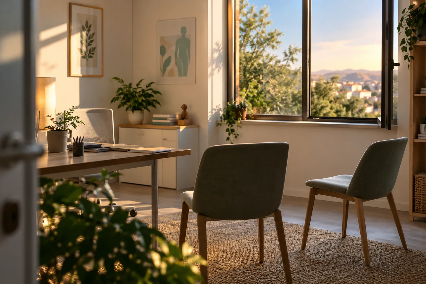 Une fen&ecirc;tre ouverte dans une salle de consultation vide, lumi&egrave;re naturelle et fauteuils espac&eacute;s. Illustration g&eacute;n&eacute;r&eacute;e par IA.