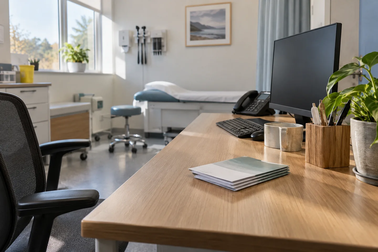 Un cabinet de conseil sanitaire sans patients, brochures sans texte et poste informatique &eacute;teint. Illustration g&eacute;n&eacute;r&eacute;e par IA.