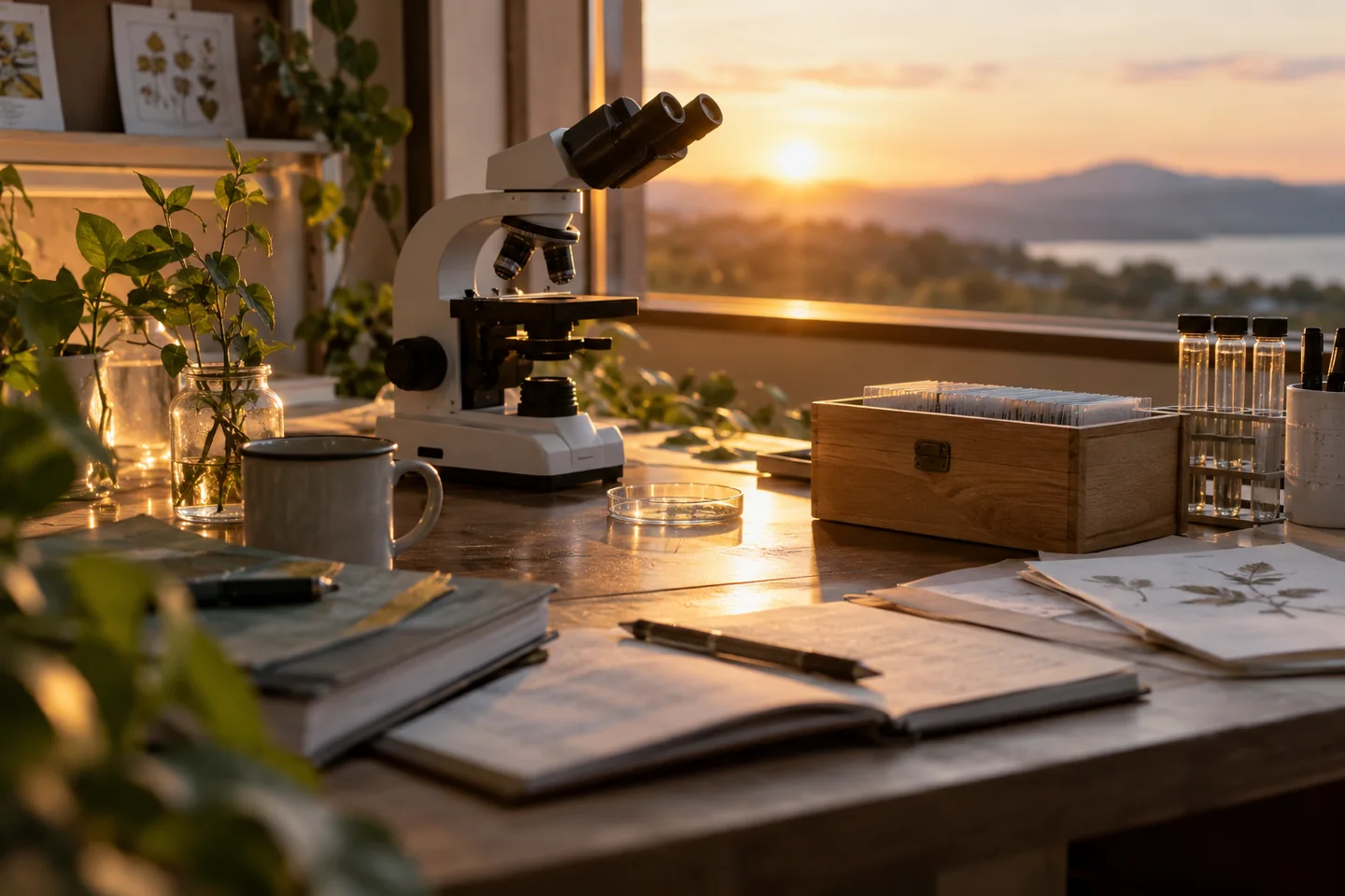Un espace de recherche avec microscope, bo&icirc;te de rangement et documents non identifiables. Illustration g&eacute;n&eacute;r&eacute;e par IA.