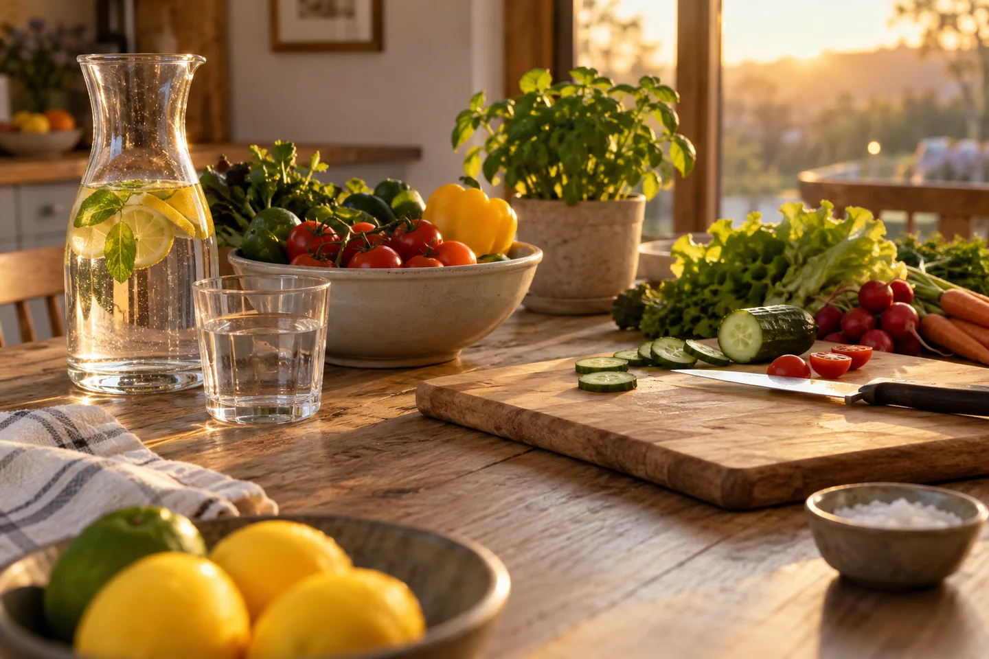 Une table de cuisine propre avec eau potable, aliments lav&eacute;s et planche propre. Illustration g&eacute;n&eacute;r&eacute;e par IA.