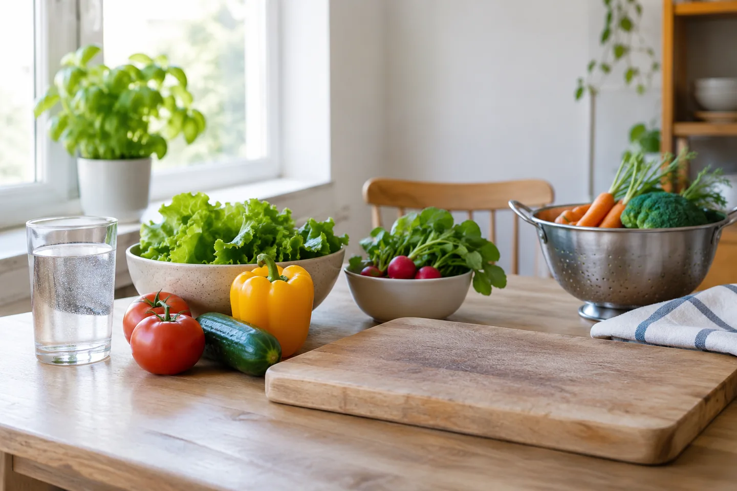 Une table de cuisine propre avec eau potable, aliments lav&eacute;s et planche propre. Illustration g&eacute;n&eacute;r&eacute;e par IA.