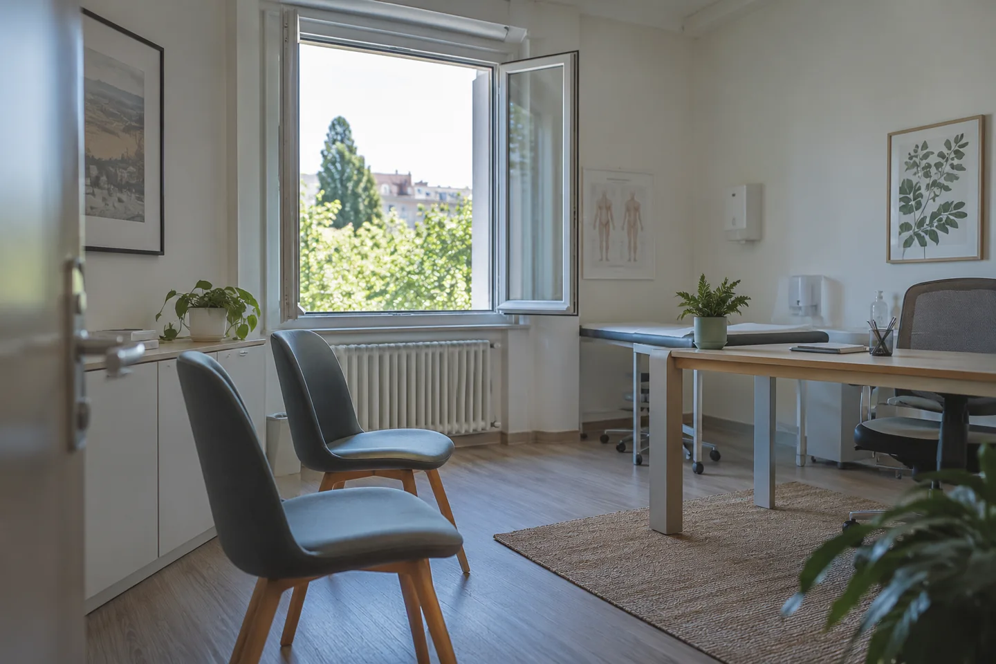 Une fen&ecirc;tre ouverte dans une salle de consultation vide, lumi&egrave;re naturelle et fauteuils espac&eacute;s. Illustration g&eacute;n&eacute;r&eacute;e par IA.