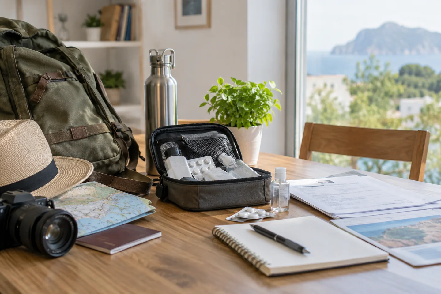Une trousse de voyage et des documents m&eacute;dicaux non lisibles dans un espace lumineux. Illustration g&eacute;n&eacute;r&eacute;e par IA.