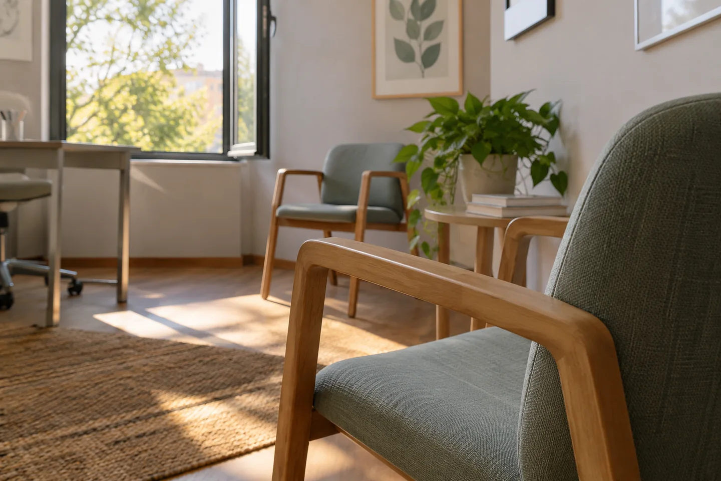 Une fen&ecirc;tre ouverte dans une salle de consultation vide, lumi&egrave;re naturelle et fauteuils espac&eacute;s. Illustration g&eacute;n&eacute;r&eacute;e par IA.