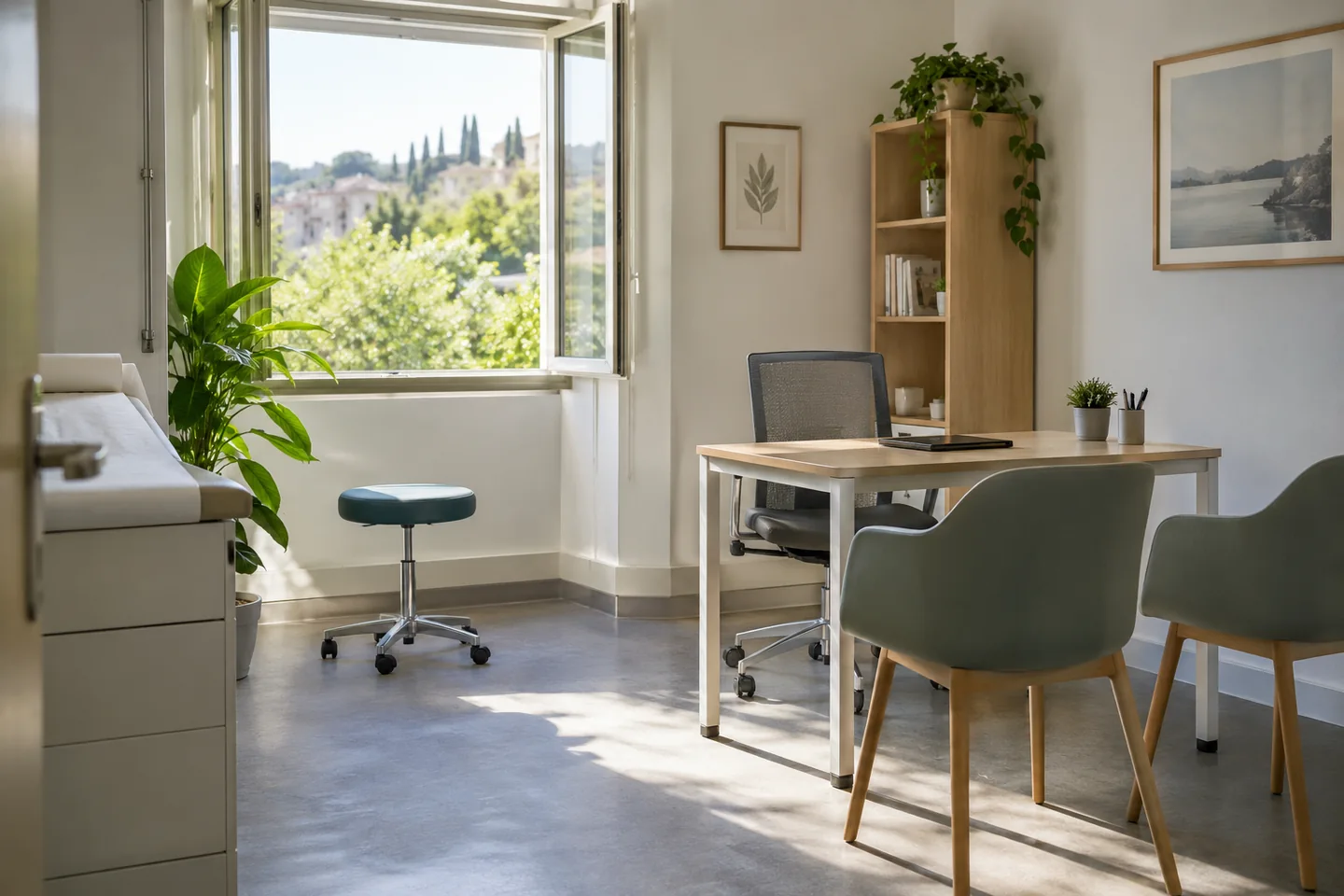 Une fen&ecirc;tre ouverte dans une salle de consultation vide, lumi&egrave;re naturelle et fauteuils espac&eacute;s. Illustration g&eacute;n&eacute;r&eacute;e par IA.