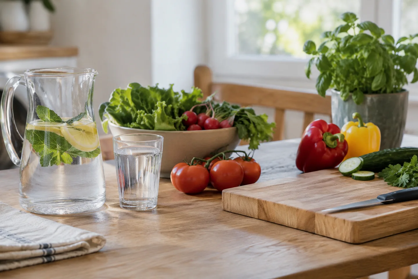 Une table de cuisine propre avec eau potable, aliments lav&eacute;s et planche propre. Illustration g&eacute;n&eacute;r&eacute;e par IA.
