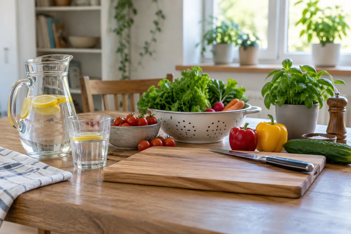Une table de cuisine propre avec eau potable, aliments lav&eacute;s et planche propre. Illustration g&eacute;n&eacute;r&eacute;e par IA.
