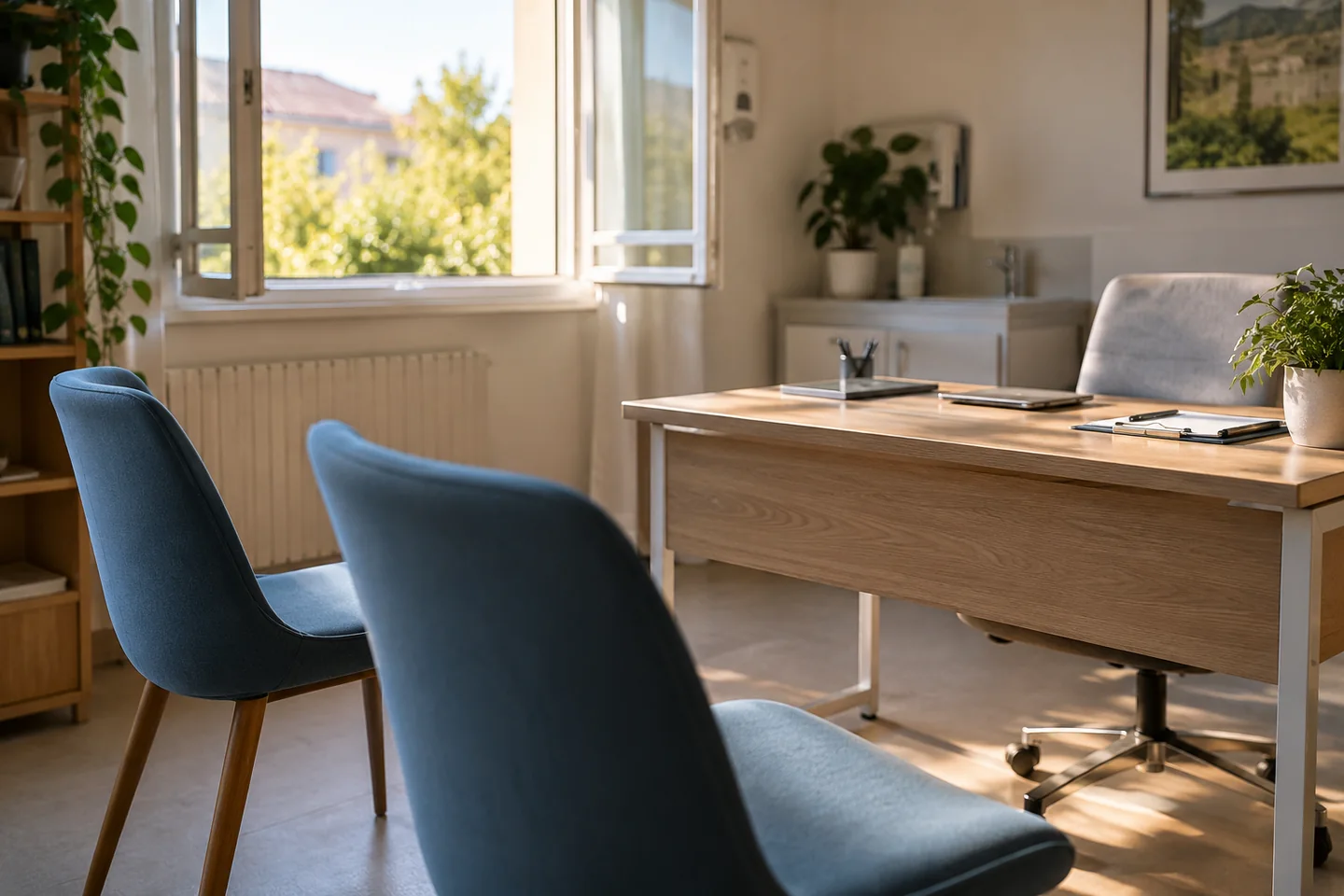 Une fen&ecirc;tre ouverte dans une salle de consultation vide, lumi&egrave;re naturelle et fauteuils espac&eacute;s. Illustration g&eacute;n&eacute;r&eacute;e par IA.