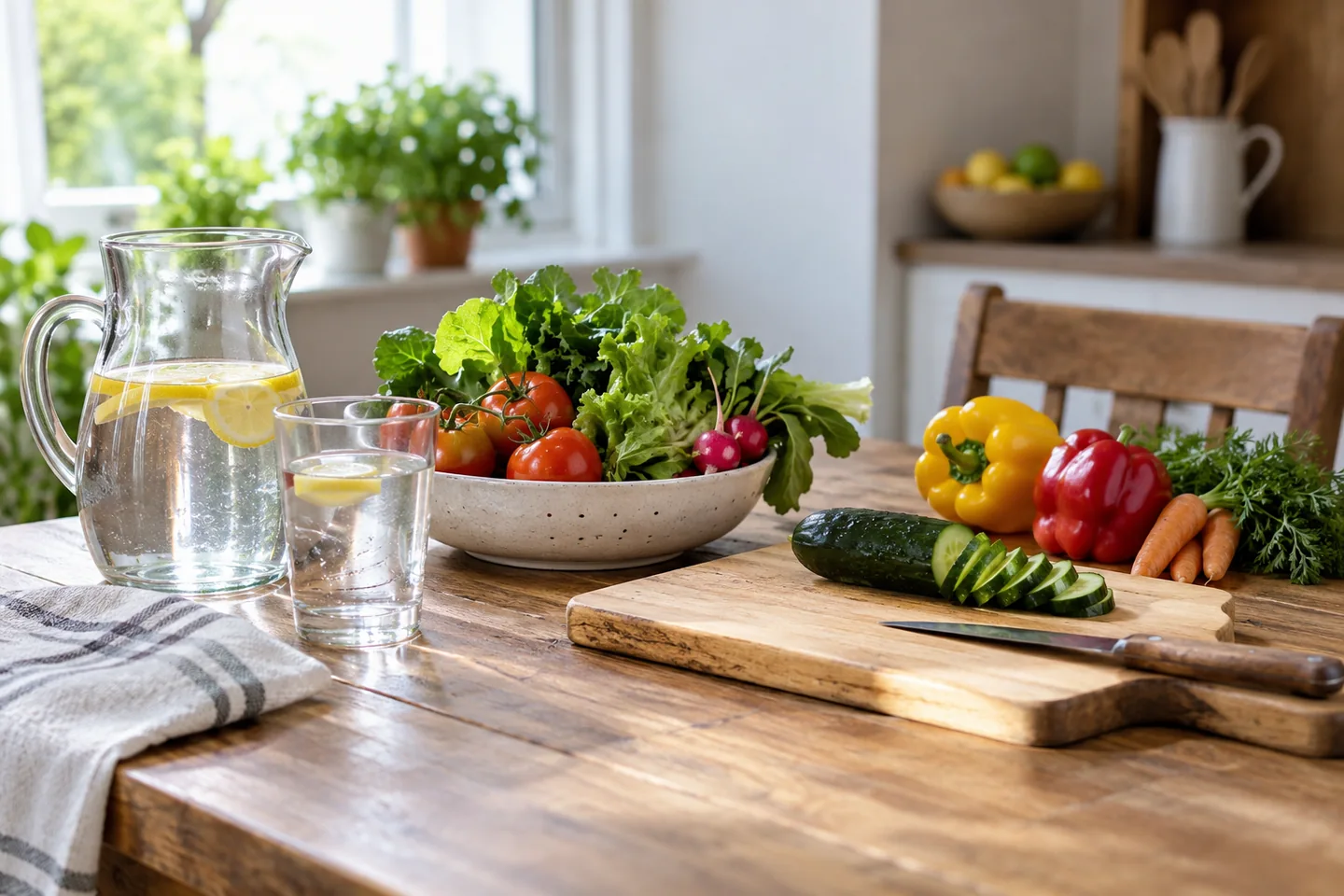Une table de cuisine propre avec eau potable, aliments lav&eacute;s et planche propre. Illustration g&eacute;n&eacute;r&eacute;e par IA.