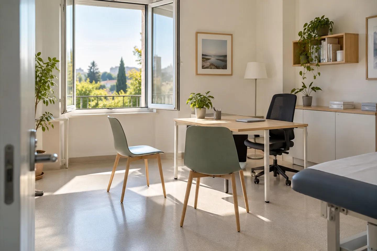 Une fen&ecirc;tre ouverte dans une salle de consultation vide, lumi&egrave;re naturelle et fauteuils espac&eacute;s. Illustration g&eacute;n&eacute;r&eacute;e par IA.