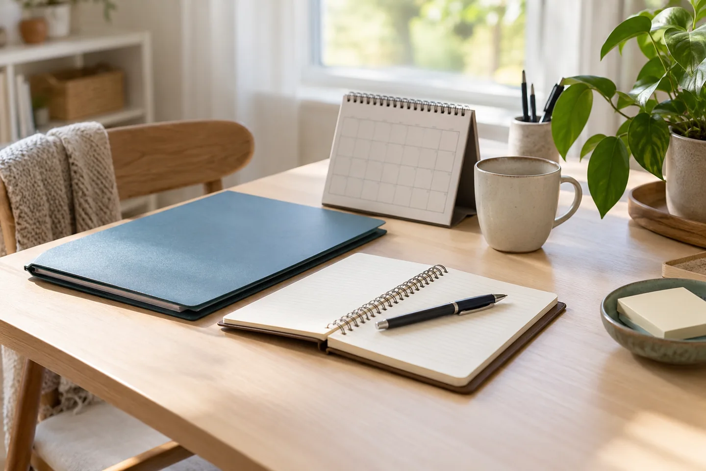 Un carnet de pr&eacute;paration de rendez-vous sur une table claire, calendrier sans texte et pochette de documents. Illustration g&eacute;n&eacute;r&eacute;e par IA.