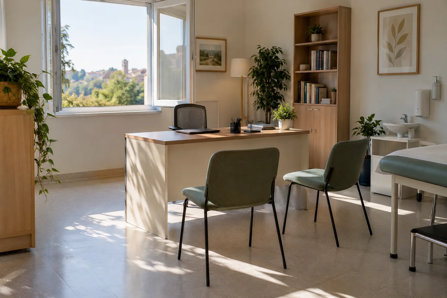Une fen&ecirc;tre ouverte dans une salle de consultation vide, lumi&egrave;re naturelle et fauteuils espac&eacute;s. Illustration g&eacute;n&eacute;r&eacute;e par IA.