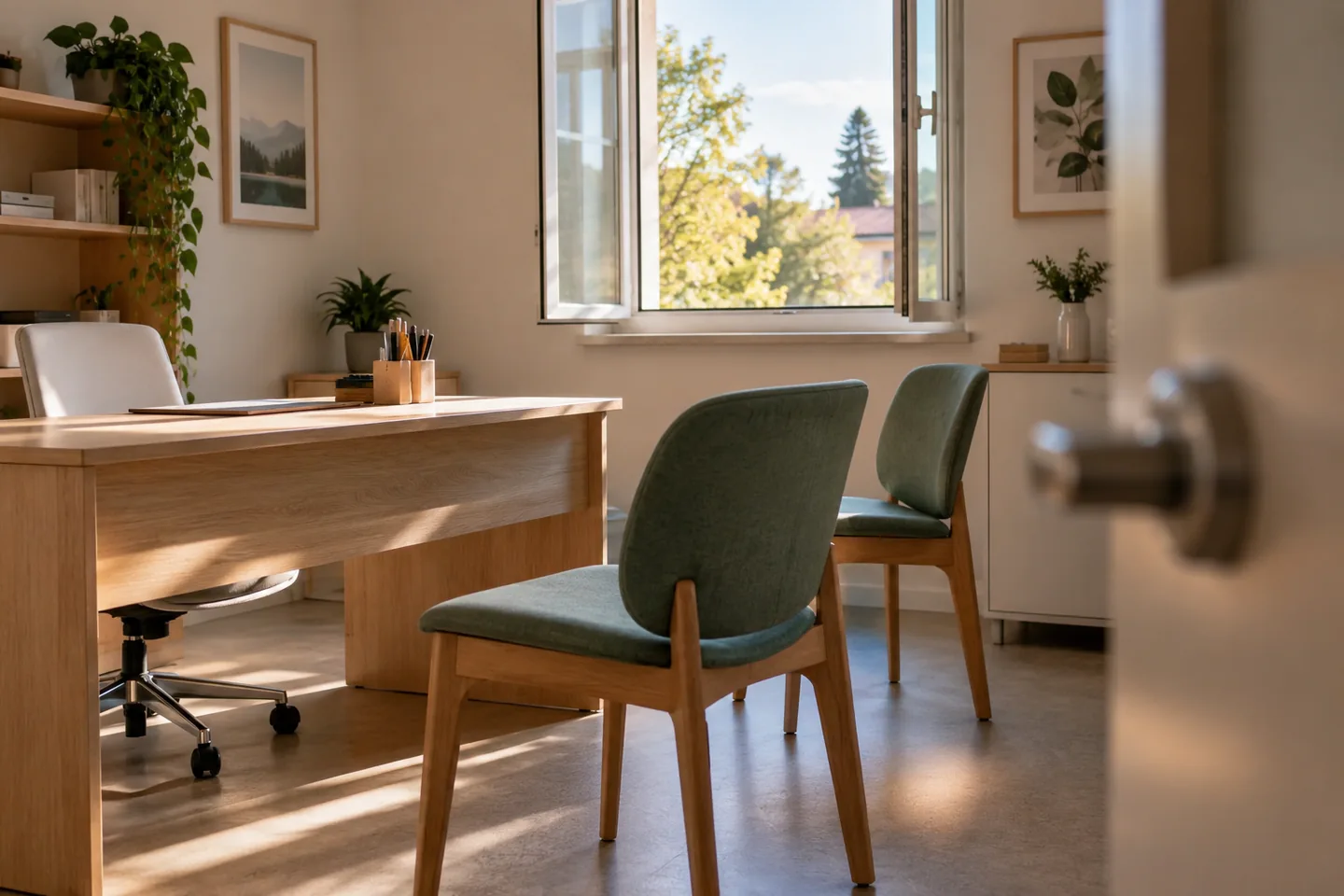 Une fen&ecirc;tre ouverte dans une salle de consultation vide, lumi&egrave;re naturelle et fauteuils espac&eacute;s. Illustration g&eacute;n&eacute;r&eacute;e par IA.
