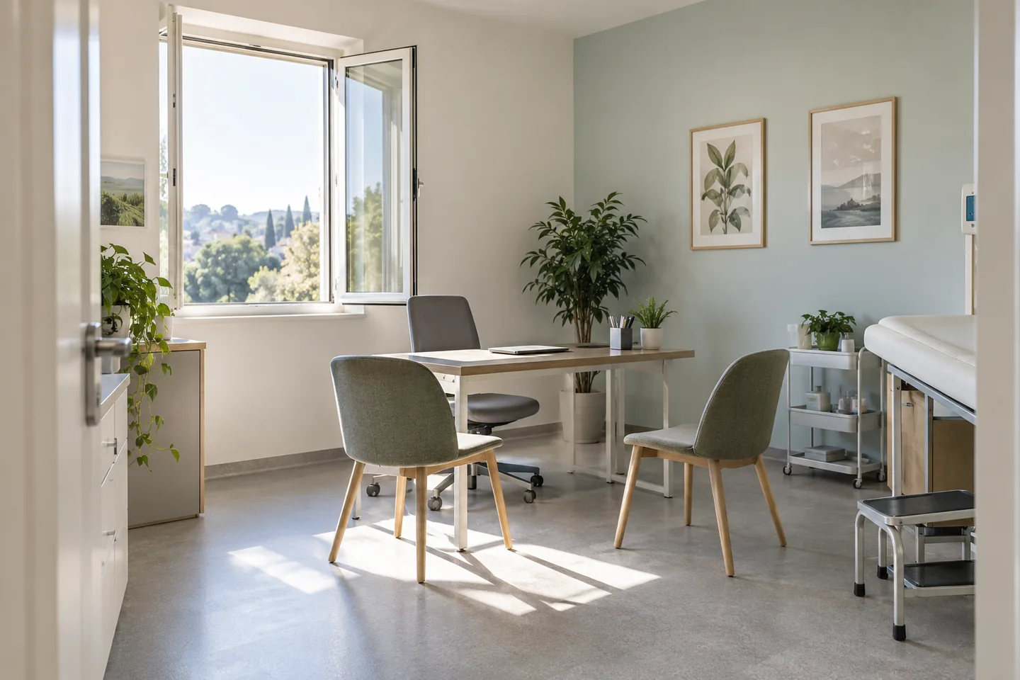 Une fen&ecirc;tre ouverte dans une salle de consultation vide, lumi&egrave;re naturelle et fauteuils espac&eacute;s. Illustration g&eacute;n&eacute;r&eacute;e par IA.
