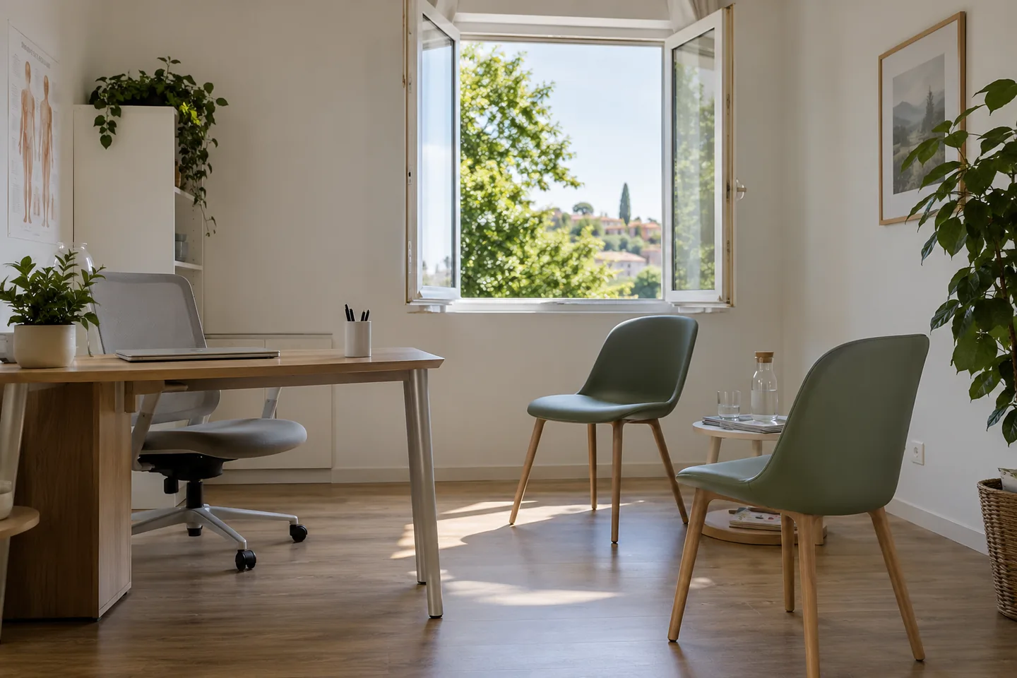 Une fen&ecirc;tre ouverte dans une salle de consultation vide, lumi&egrave;re naturelle et fauteuils espac&eacute;s. Illustration g&eacute;n&eacute;r&eacute;e par IA.