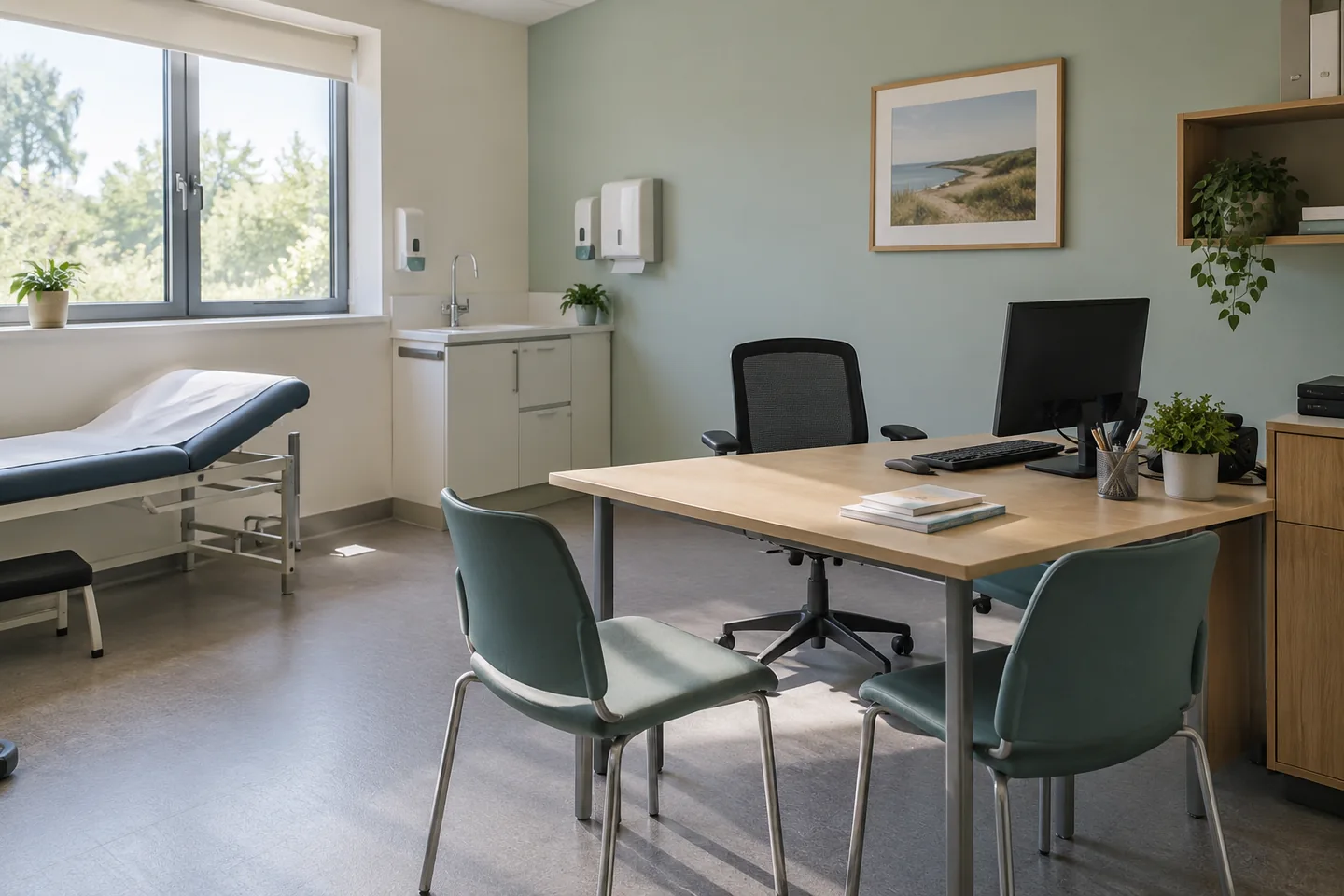 Un cabinet de conseil sanitaire sans patients, brochures sans texte et poste informatique &eacute;teint. Illustration g&eacute;n&eacute;r&eacute;e par IA.