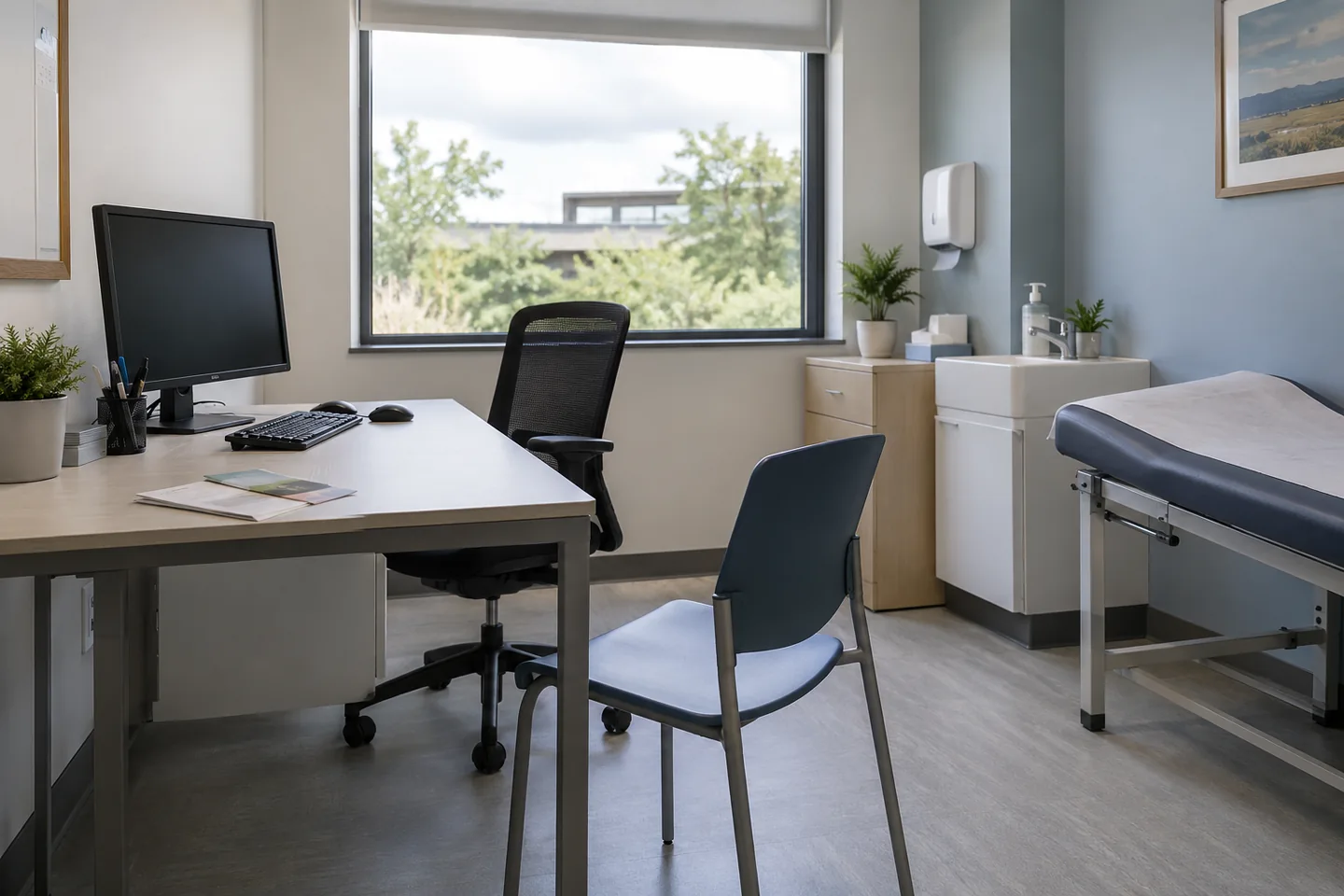 Un cabinet de conseil sanitaire sans patients, brochures sans texte et poste informatique &eacute;teint. Illustration g&eacute;n&eacute;r&eacute;e par IA.