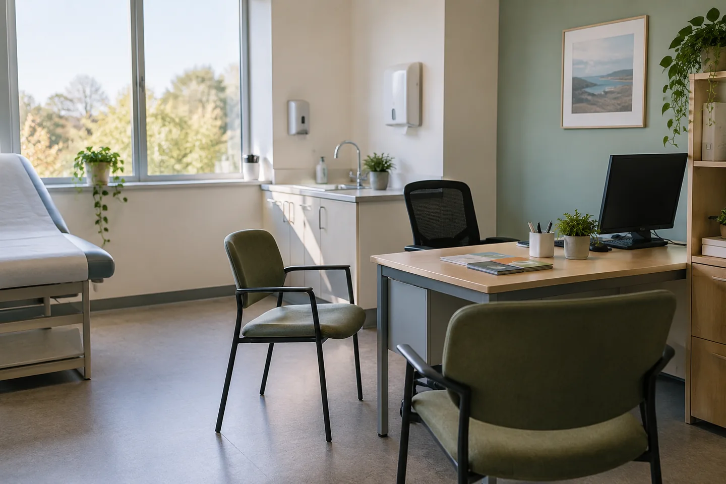 Un cabinet de conseil sanitaire sans patients, brochures sans texte et poste informatique &eacute;teint. Illustration g&eacute;n&eacute;r&eacute;e par IA.