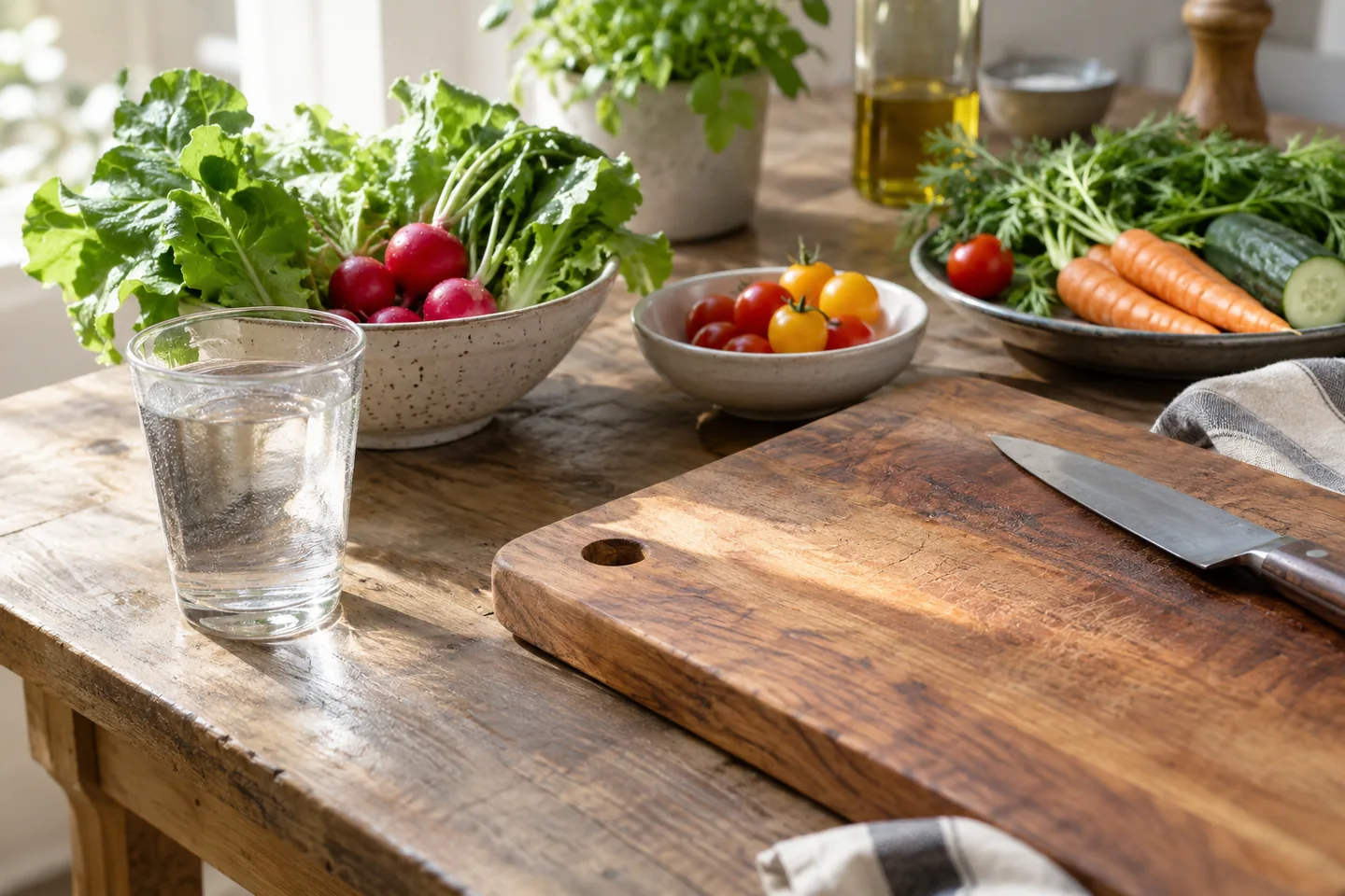 Une table de cuisine propre avec eau potable, aliments lav&eacute;s et planche propre. Illustration g&eacute;n&eacute;r&eacute;e par IA.