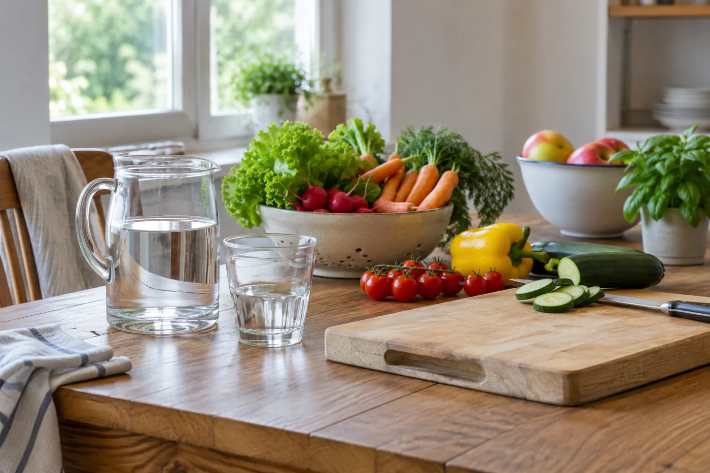 Une table de cuisine propre avec eau potable, aliments lav&eacute;s et planche propre. Illustration g&eacute;n&eacute;r&eacute;e par IA.
