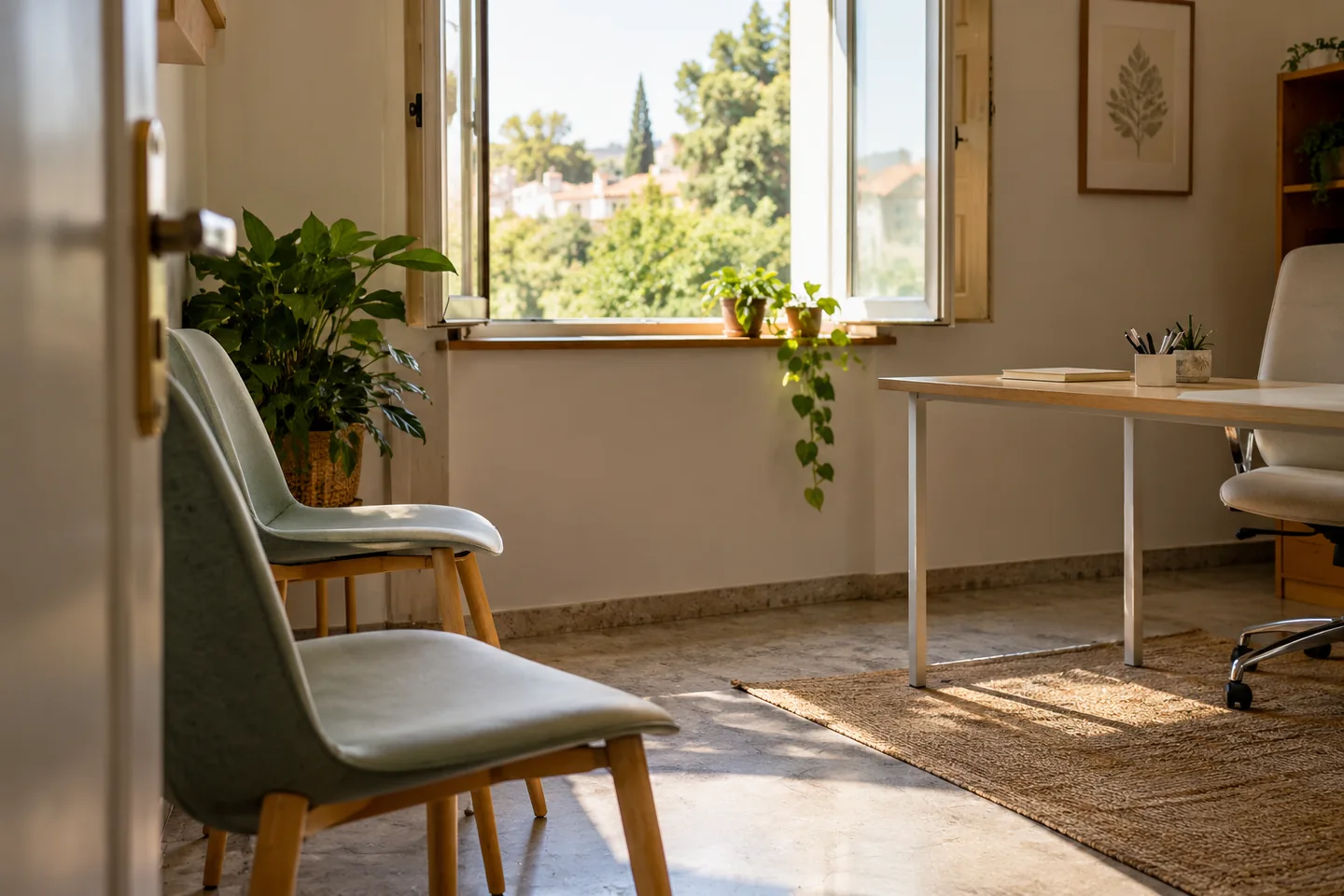 Une fen&ecirc;tre ouverte dans une salle de consultation vide, lumi&egrave;re naturelle et fauteuils espac&eacute;s. Illustration g&eacute;n&eacute;r&eacute;e par IA.