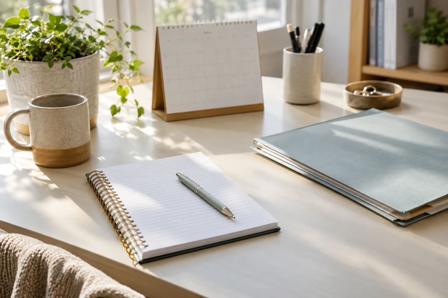Un carnet de pr&eacute;paration de rendez-vous sur une table claire, calendrier sans texte et pochette de documents. Illustration g&eacute;n&eacute;r&eacute;e par IA.