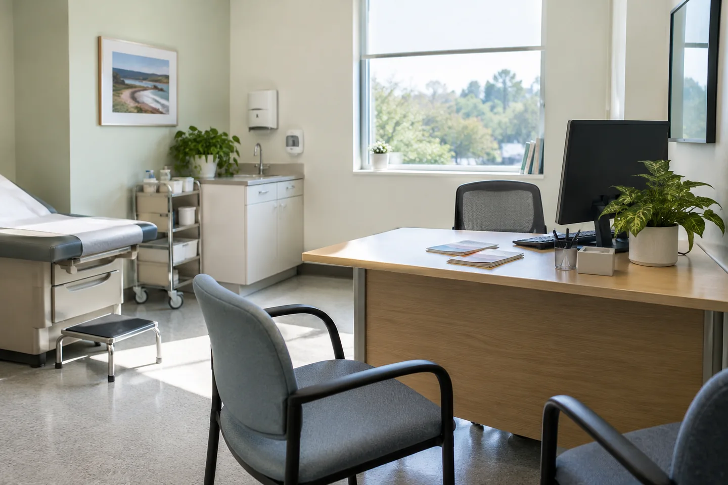 Un cabinet de conseil sanitaire sans patients, brochures sans texte et poste informatique &eacute;teint. Illustration g&eacute;n&eacute;r&eacute;e par IA.