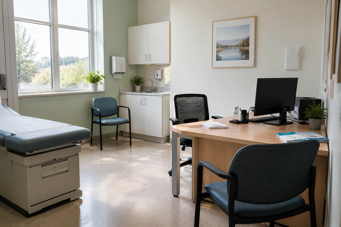 Un cabinet de conseil sanitaire sans patients, brochures sans texte et poste informatique &eacute;teint. Illustration g&eacute;n&eacute;r&eacute;e par IA.