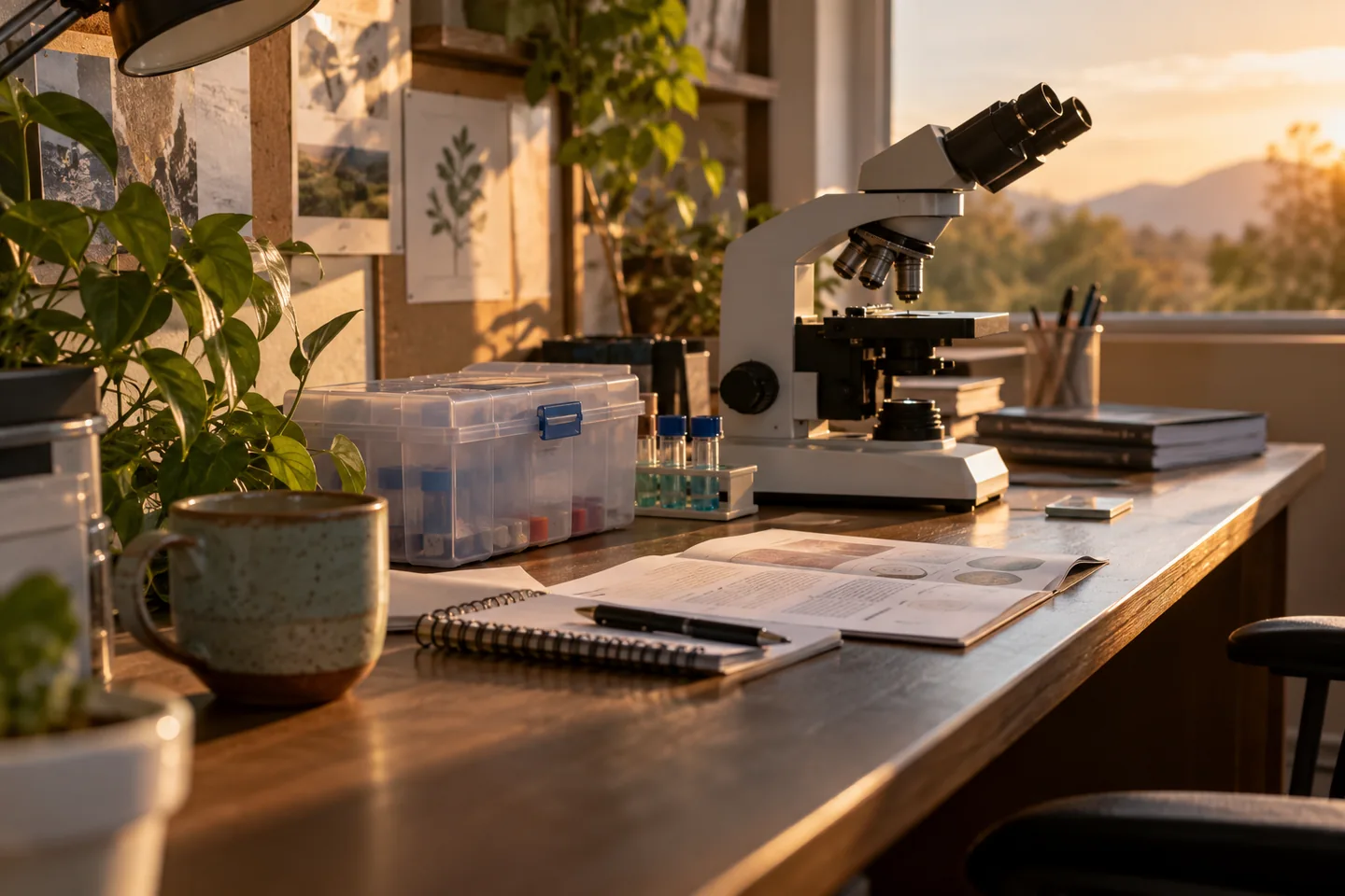 Un espace de recherche avec microscope, bo&icirc;te de rangement et documents non identifiables. Illustration g&eacute;n&eacute;r&eacute;e par IA.