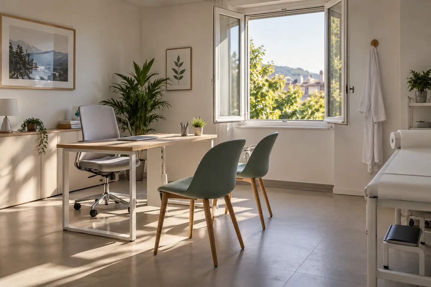 Une fen&ecirc;tre ouverte dans une salle de consultation vide, lumi&egrave;re naturelle et fauteuils espac&eacute;s. Illustration g&eacute;n&eacute;r&eacute;e par IA.