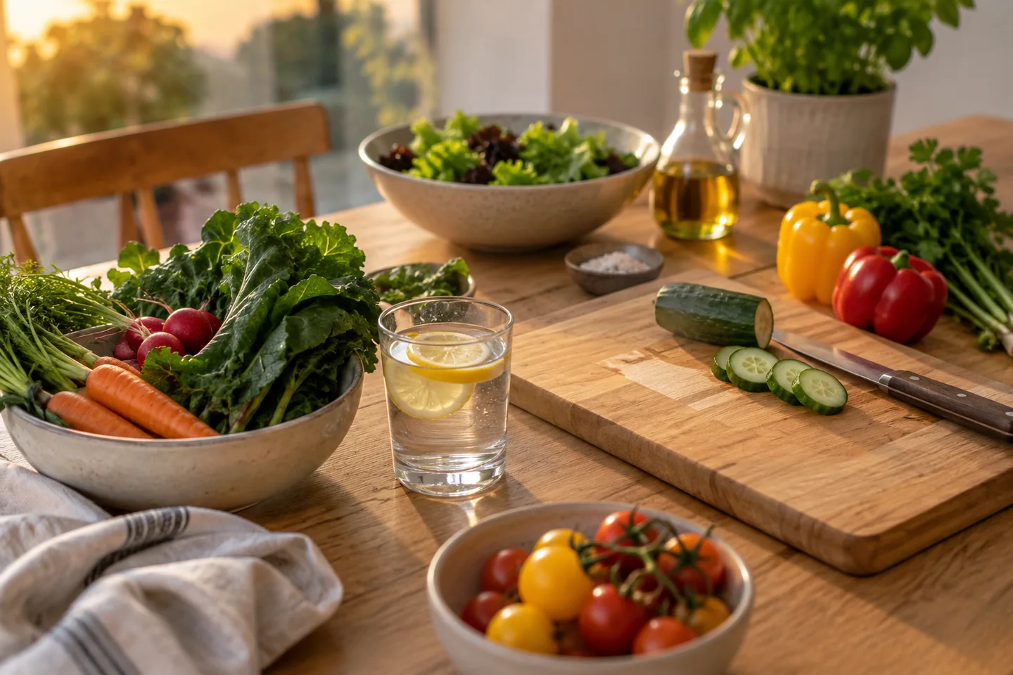Une table de cuisine propre avec eau potable, aliments lav&eacute;s et planche propre. Illustration g&eacute;n&eacute;r&eacute;e par IA.