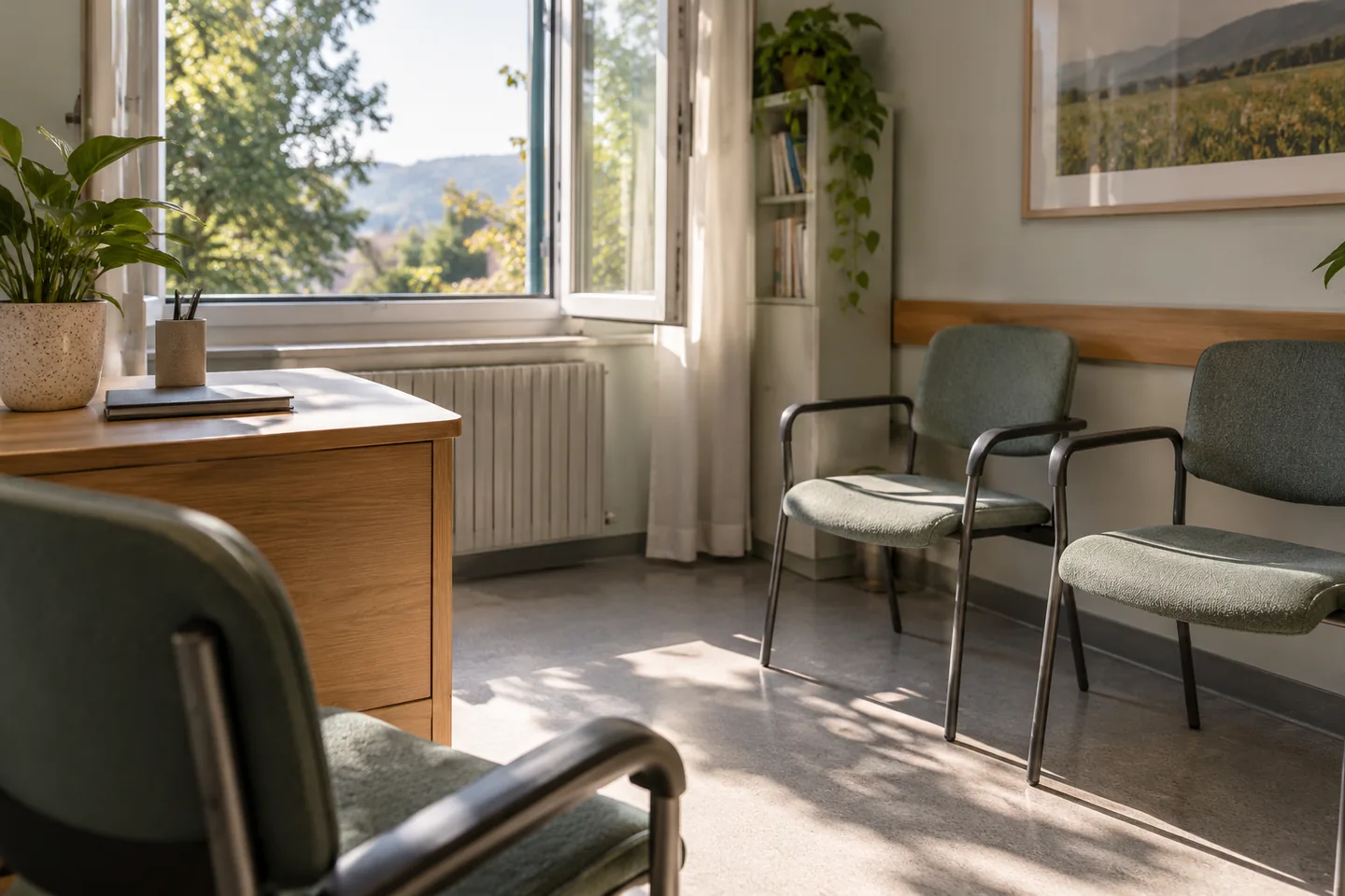 Une fen&ecirc;tre ouverte dans une salle de consultation vide, lumi&egrave;re naturelle et fauteuils espac&eacute;s. Illustration g&eacute;n&eacute;r&eacute;e par IA.