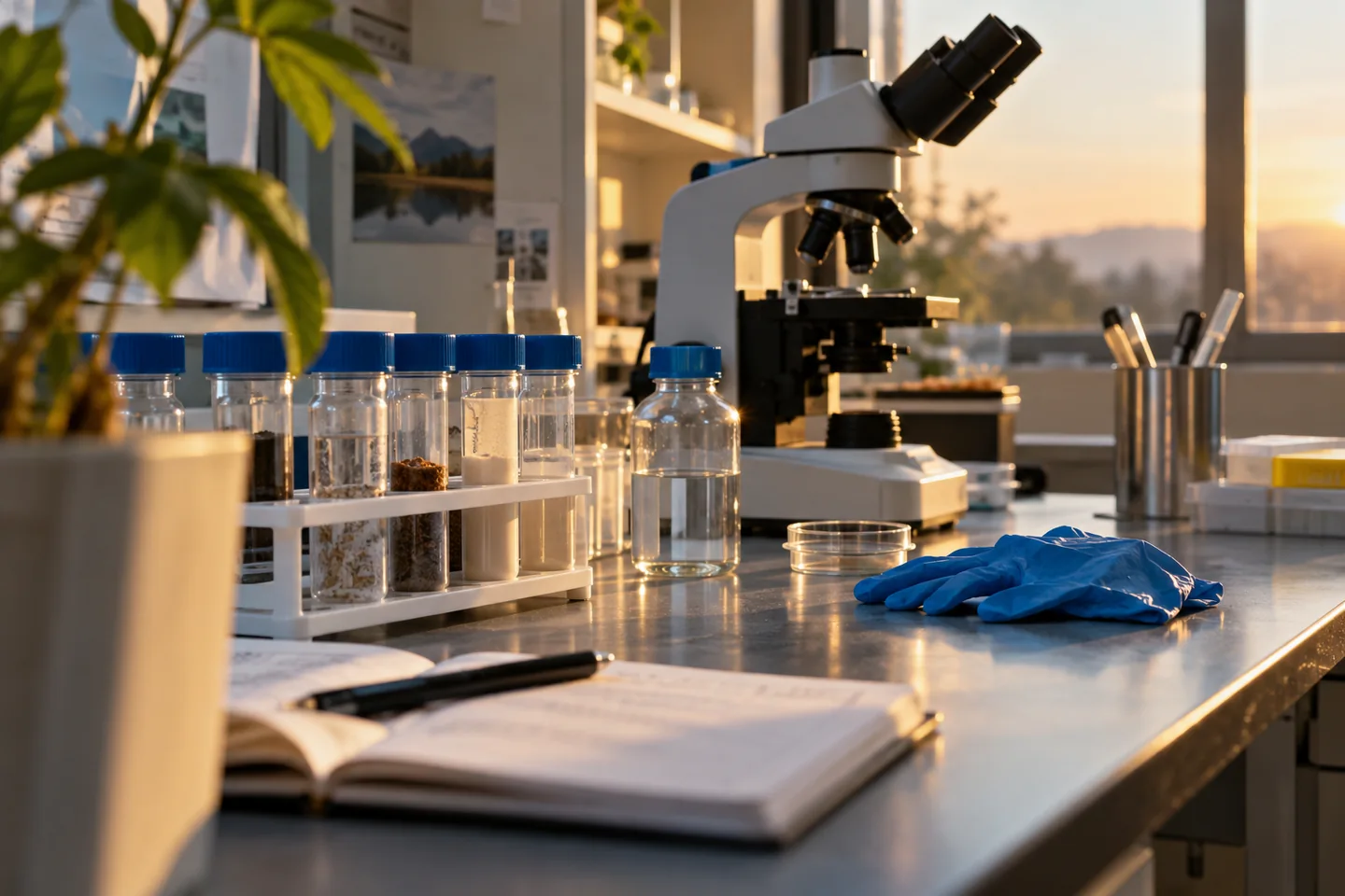 Une paillasse de laboratoire avec flacons scell&eacute;s, microscope et gants pos&eacute;s, sans agent pathog&egrave;ne visible. Illustration g&eacute;n&eacute;r&eacute;e par IA.