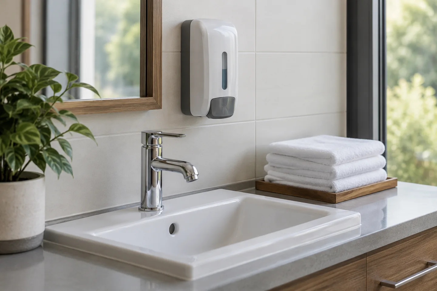 Un espace propre de lavage des mains, savon et serviettes propres, sans personne. Illustration g&eacute;n&eacute;r&eacute;e par IA.
