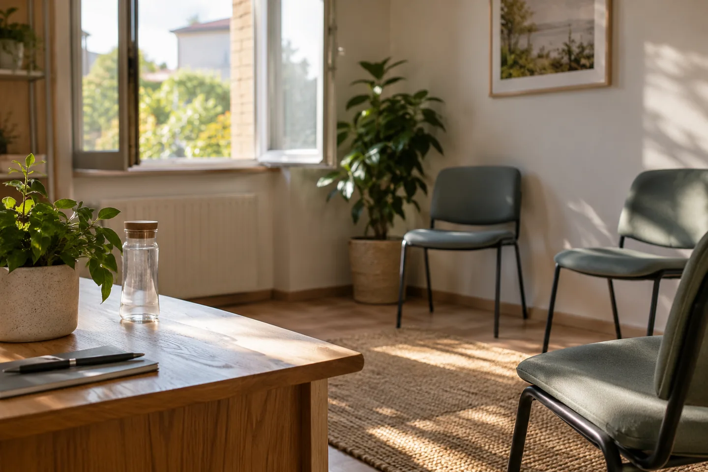 Une fen&ecirc;tre ouverte dans une salle de consultation vide, lumi&egrave;re naturelle et fauteuils espac&eacute;s. Illustration g&eacute;n&eacute;r&eacute;e par IA.